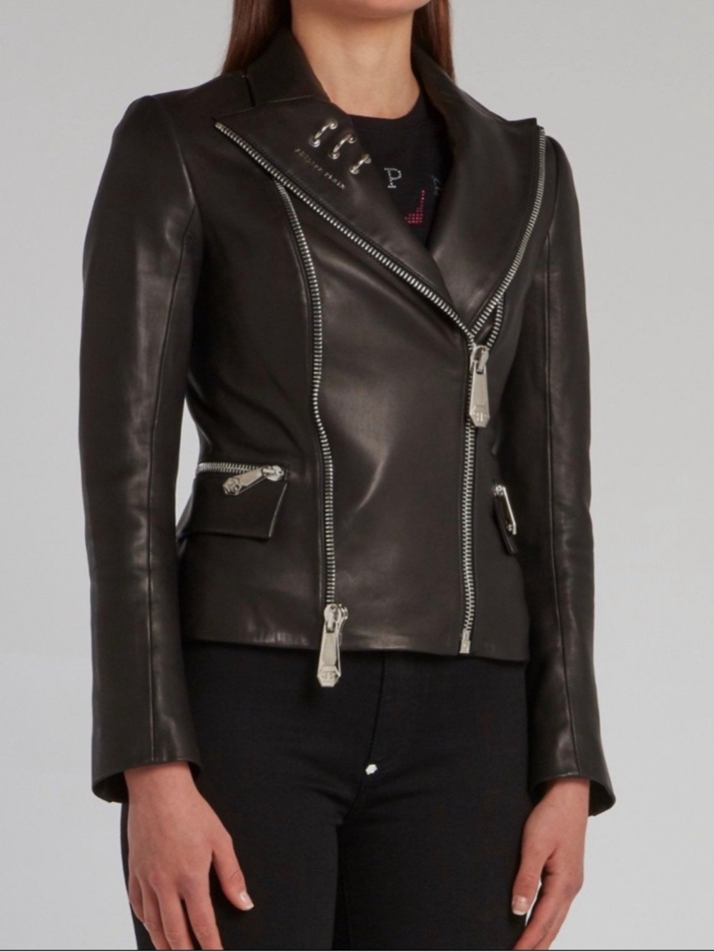 Philipp Plein Black Leather Asymmetric Zip Jacket